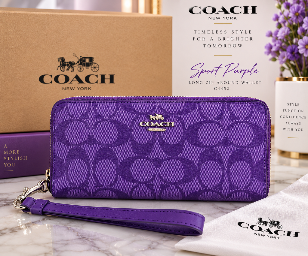 COACH C4452 Long Zip Around Wallet Signature Canvas Sport Purple