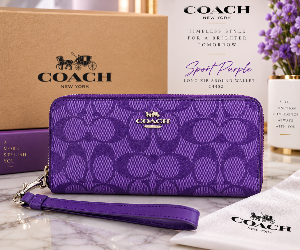 COACH C4452 Long Zip Around Wallet Signature Canvas Sport Purple