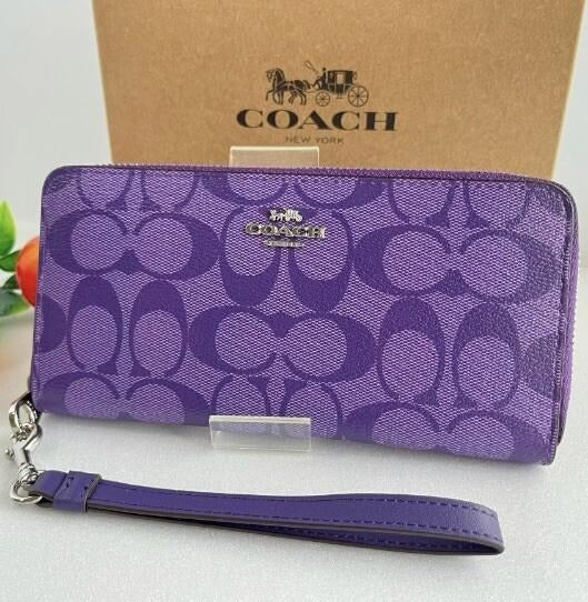 COACH C4452 Long Zip Around Wallet Signature Canvas Sport Purple