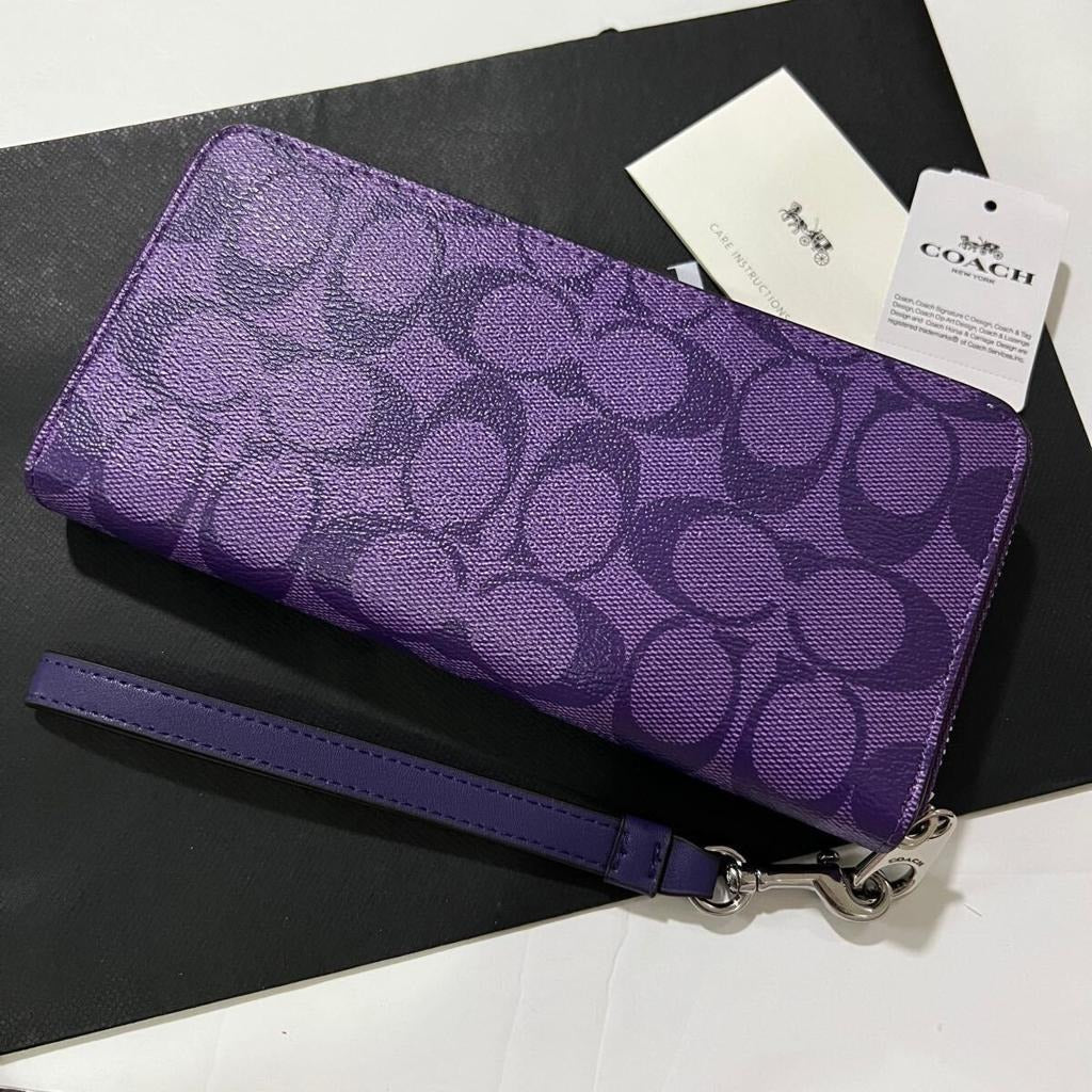 COACH C4452 Long Zip Around Wallet Signature Canvas Sport Purple